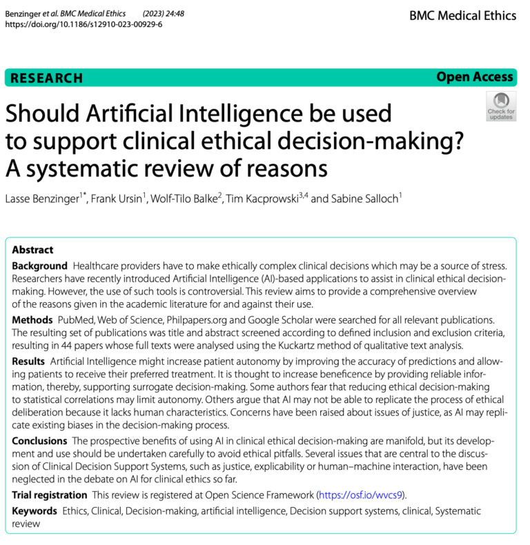 Dovrebbe l'Intelligenza Artificiale essere utilizzata per sostenere la presa di decisioni etiche cliniche? Una rassegna sistematica delle motivazioni