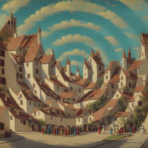 Il disegno di un villaggio medievale in cui i palazzi formano dei semicerchi che sono ripresi dalle nuvole in cielo, creando una spirale.