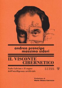 La copertina del libro: su sfondo arancione, c'è la testa di Calvino che spunta sul titolo del libro