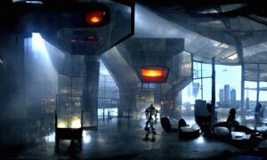Immagine rappresentante un luogo futuristico dispotico, come se fosse un ufficio in cima a una torre di controllo, vista dall'interno, in lontananza si avvicina un robot. Ambientazione scura.