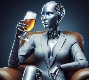 Cyborg che assaggia una birra. immagine generata tramite AI.
