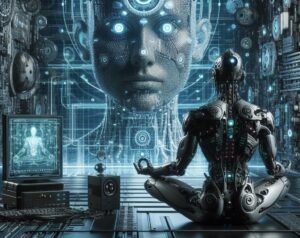 Immagine di un robot dotato di AI che sta imparando autonomamente in un ambiente tecnologico immaginario un po cyberpunk.