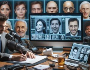 Immagine di un uomo al pc, sullo schermo vari ritratti rappresentanti dei deepfake. Anche alle sue spalle ci sono vari ritratti deepfake.