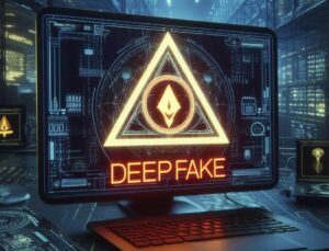 Immagine schermata di un pc fisso con su il simbolo "attenzione" ad indicare il pericolo di Deepfake (scritto anche sullo schermo).