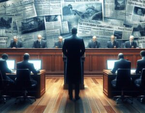 Immagine di un tribunale con, alle spalle del giudice, varie immagini di giornali, di fronte l'avvocato. Aula di tribunale.