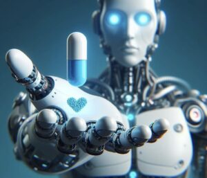 Robot che porge all'osservatore con la sua manouna pillola/medicina.