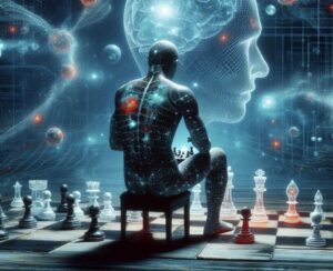 Persona che gioca a scacchi con la mente inuma'ambientazione immaginaria, futuristica e digitale.