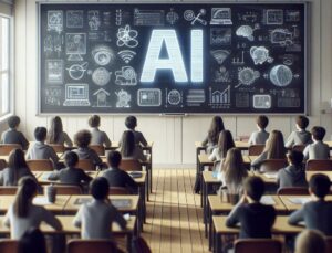 Immagine di una classe delle medie, con alunni he seguono una lezione sull'AI: infatti sulla lavagna di fronte a loro c'E scritto AI, con tante altre nozioni attorno.