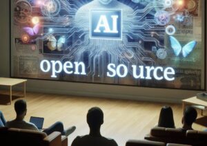Immagine di una lavagna con proiettata la scritta "AI open source" e delle persone sono sedute a guardare la proiezione.