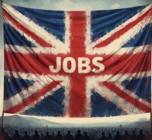 Immagine generata dall'IA rappresentante una folla in controluce e in lontananza che regge un gigante striscione che ritrae la bandiera UK con una scritta centrale: "JOBS".