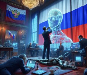 Immagine generata con l'AI che rappresenta il governo russo in preda ad utilizzare l'AI nella propaganda politica.
