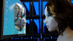 Immagine di viso robotico che esce da uno schermo di pc e che intende verso un viso umano che lo guarda a sua volta.