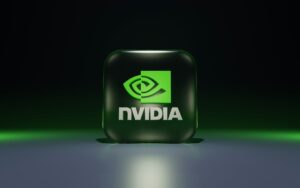 Logo Nvidia in un cubo tridimensionale con angoli arrotondati in un ambiente nero scuro virtuale.
