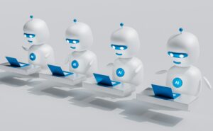 Piccoli robot bianco con pallino azzurro sul petto con su scritto "AI". Sono tutti e 4 al pc, in fila. Sono rappresentaazioni digitali in 3D.
