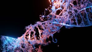 render 3D della sequenza del dna, digitale, tonalità rosa e viola su sfondo nero.