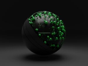 Sfera nera su sfondo nero con palline verdi sulla sfera che creano una connessione a rete