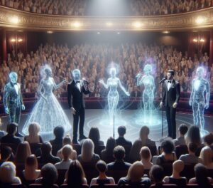 Immagine generata con DALL-E3 che rappresenta dei cantanti a teatro che cantano con delle controparti virtuali.