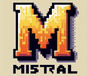 M di Mistral, pixelata stile cartoon, dai toni che sfumano dall'arancione al giallo chiaro.
