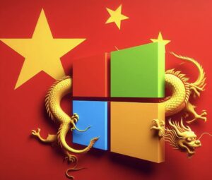 Immagine generata con DALL-E 3 che rappresenta il logo della Microsoft con un serpente cinese dorato attorno, il tutto sovrapposto alla bandiera cinese.