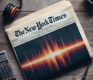 Immagine del giornale New York Times cartaceo appoggiato su un tavolo, con in copertina la rappresentazione dell'onda del suono.