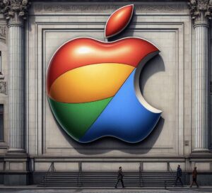 Immagine della mela di Apple con i colori diGoogle su un muro apparentemente newyorchese. davanti passano dei passanti.