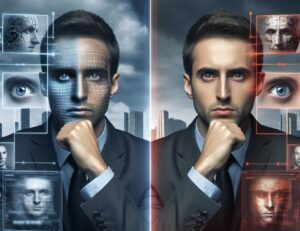 Immagine generata artificialmente che dovrebbe rappresentare una persona (un uomo) in versione rete affiancato dalla sua esatta riproduzione virtuale.