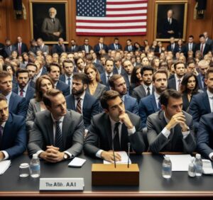 Immagine generata artificialmente che rappresenta un'aula di tribunale o un congresso negli Stati Uniti (Ci sono due bandiere), con tante persone.