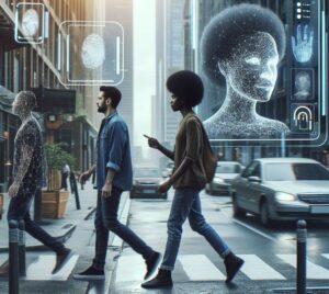 Immagine di persone che attraversano la strada e che sono soggette ad analisi biometriche svolte dall'AI. Lo si capisce da una grafica tecnologica che appare in sovrimpressione all'immagine dell'attraversamento della strada.
