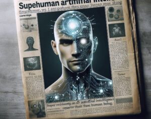 Immagine generata artificialmente che rappresenta un giornale con il volto di un umano potenziato dall'AI, un super umano.