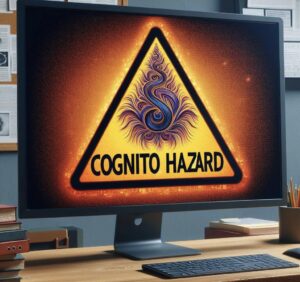 Immagine generata artificialmente che rappresenta un pc fisso su una scrivania con sulla schermata il simbolo che indica di stare attenti, denuncia il rischio del "Cognito Hazard"