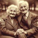 Immagine generata artificialmente da Marta Baronio (autrice articolo) tramite DALL-E 3 che rappresenta due anziani seduti su una panchina, in mezzo a un viale alberato. immagine color seppia.
