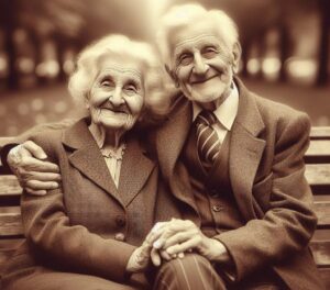 Immagine generata artificialmente da Marta Baronio (autrice articolo) tramite DALL-E 3 che rappresenta due anziani seduti su una panchina, in mezzo a un viale alberato. immagine color seppia.