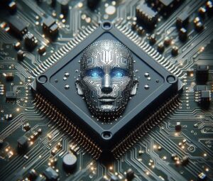 Immagine di una CPU con un viso robotico rappresentato sopra. Immagine generata tramite DALL-E 3 da Marta Baronio.