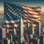 Immagine generata tramite DALL-E 3 che rappresenta una grande bandiera americana che si erge tra i palazzi e grattacieli di una tipica città degli USA.