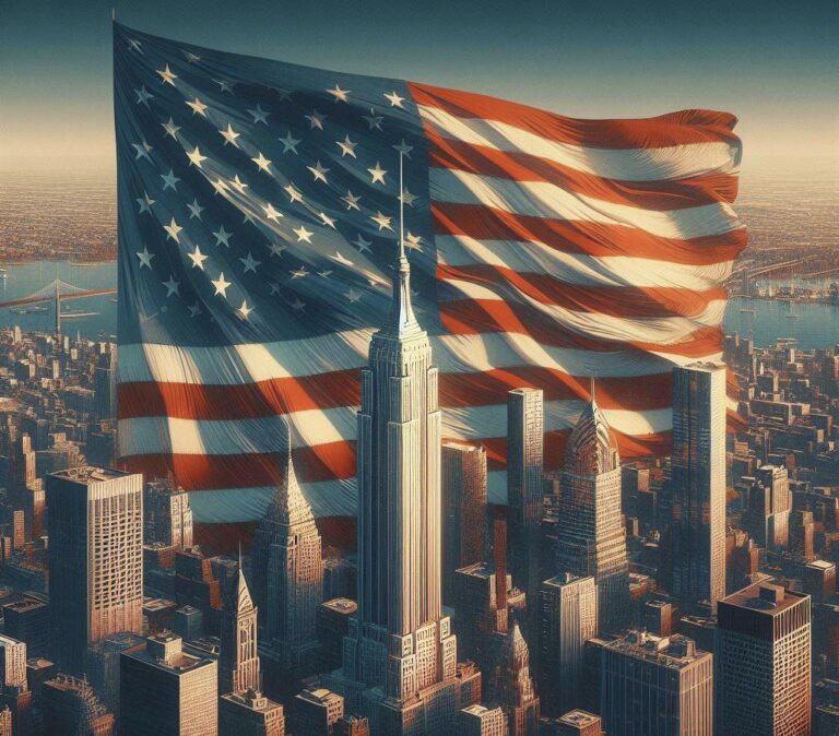Immagine generata tramite DALL-E 3 che rappresenta una grande bandiera americana che si erge tra i palazzi e grattacieli di una tipica città degli USA.