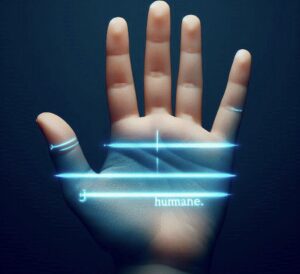Immagine di una mano umana con proiettato sopra la scritta "humane" in blu, con delle righe orizzontali. Immagine generata tramite DALL-E 3