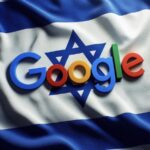 Bandiera israeliana con la scritta google (le cui lettere sono cubitali come fossero appoggiate sulla bandiera) appoggiata su di essa. immagine generata tramite DALL-E 3 da Marta Baronio.
