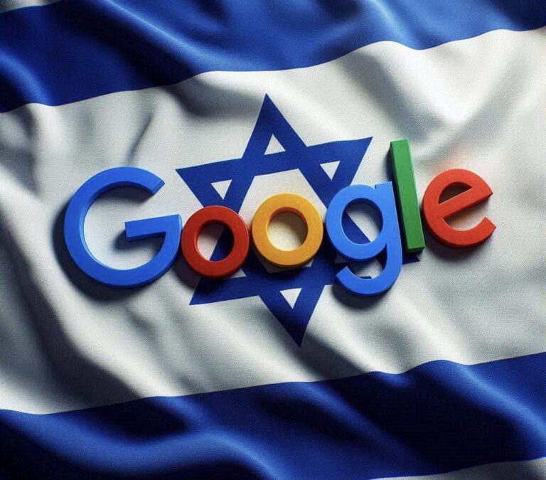 Bandiera israeliana con la scritta google (le cui lettere sono cubitali come fossero appoggiate sulla bandiera) appoggiata su di essa. immagine generata tramite DALL-E 3 da Marta Baronio.