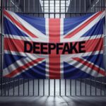 Immagine generata tramite DALL-E 3 da Marta Baronio (autrice articolo) che rappresentala bandiera del Regno Unito appeso alla grata dell'ingresso interiore di una prigione. Sopra la bandiera la scritta in nero "DEEPFAKE".