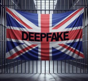 Immagine generata tramite DALL-E 3 da Marta Baronio (autrice articolo) che rappresentala bandiera del Regno Unito appeso alla grata dell'ingresso interiore di una prigione. Sopra la bandiera la scritta in nero "DEEPFAKE".