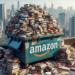 Immagine di una spazzatura con la scritta Amazon, piena di libri. Immagine generata tramite DALL-E 3 da Marta Baronio.