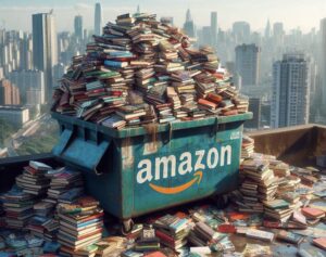 Immagine di una spazzatura con la scritta Amazon, piena di libri. Immagine generata tramite DALL-E 3 da Marta Baronio.