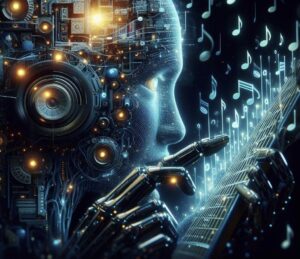 Immagine che rappresenta il viso di profilo di un AI che digita su un tablet qualcosa per generare della musica. Immagine generata tramite DALL-E 3.