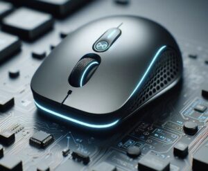 Mouse con un tasto apposito per ChatGPT. Immagine generata tramite DALL-E 3.