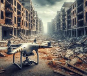 Immagine di un drone poggiato sul pavimento di una strada in una città distrutta come da bombardamenti. immagine generata tramite DALL-E 3 da Marta Baronio.