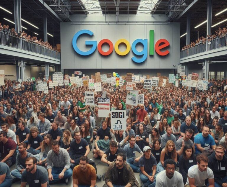 Gruppo di dipendenti Google seduti per terra in segno di protesta negli uffici dell'azienda. Immagine generata tramite DALL-E 3 da Marta Baronio