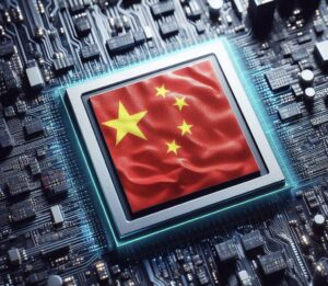 Immagine di una CPU/Chip con sopra la bandiera cinese. Immagine generata tramite DALL-E 3.