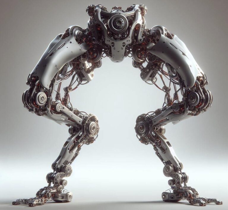 Immagine di robot composto da sole due gambe meccaniche unite da un anca meccanica. Immagine generata tramite DALL-E 3 da Marta Baronio.