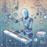 Immagine generata tramite DALL-E 3 (da Marta Baronio) che rappresenta un robot umanoide che compone improvvisando su una tastiera, immagine stile cartoon dai toni azzurri e poco arancione rosato.