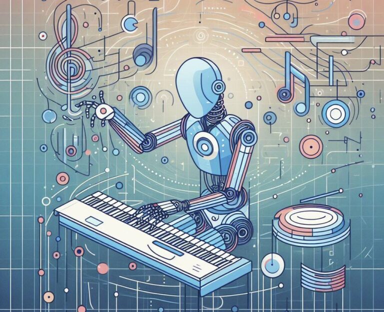 Immagine generata tramite DALL-E 3 (da Marta Baronio) che rappresenta un robot umanoide che compone improvvisando su una tastiera, immagine stile cartoon dai toni azzurri e poco arancione rosato.